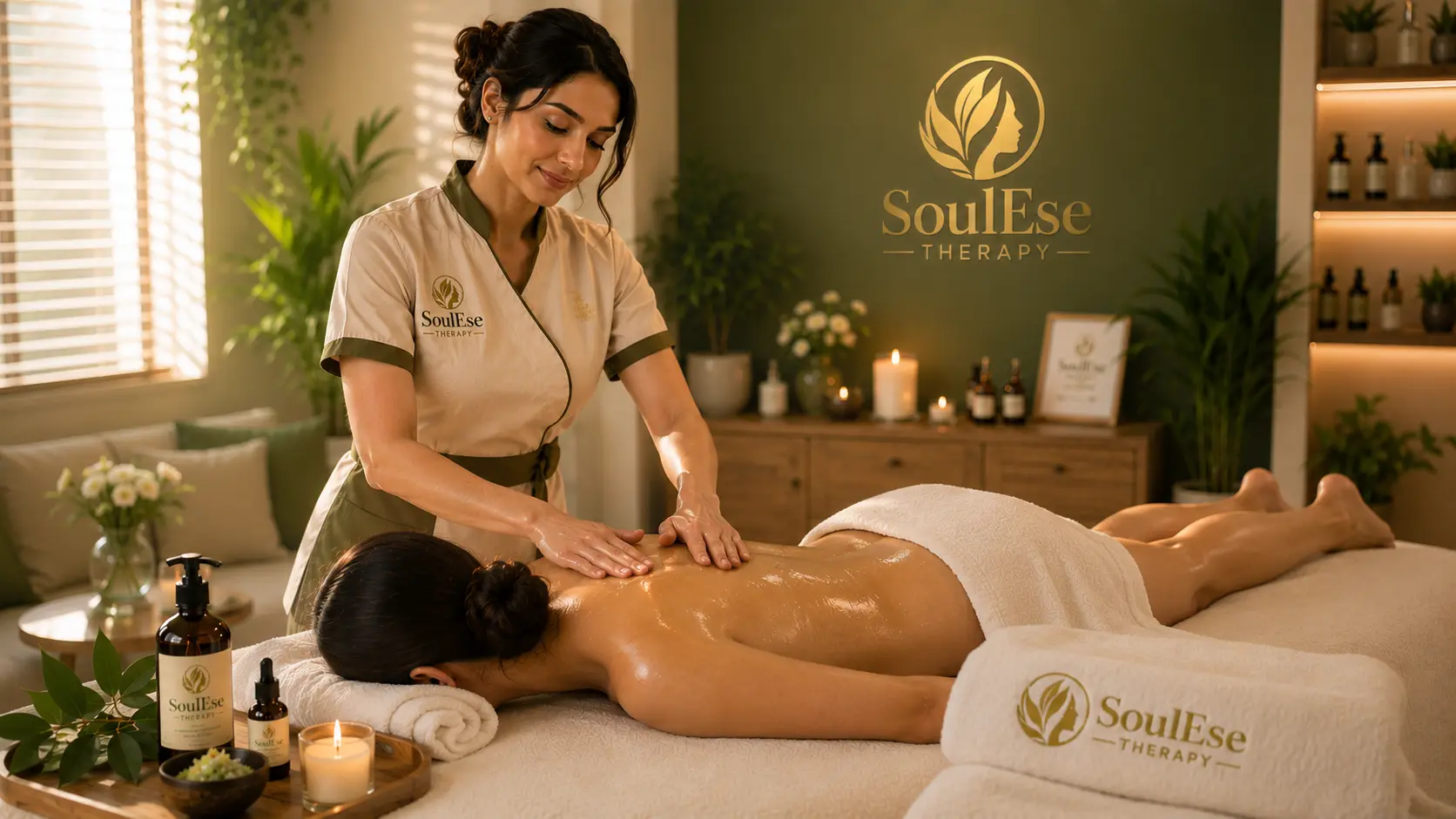 Full body oil massage in a luxury treatment room